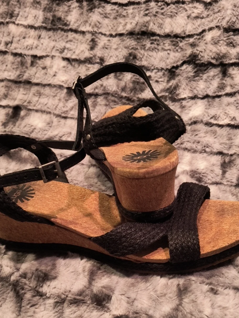 UGG Black Braided Strap Wedge Sandals